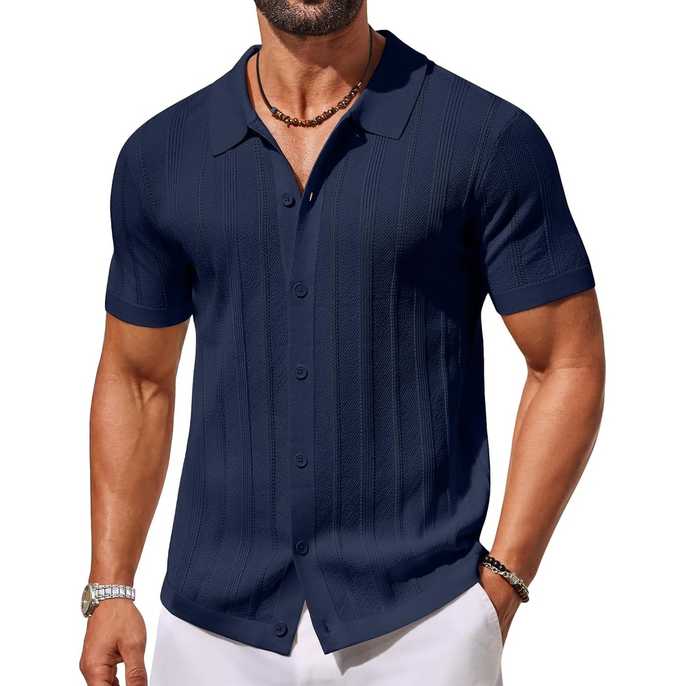 image:imageCOOFANDY Mens Knit Button Down Shirts Short Sleeve Polo Shirt for Vacation Knit ShirtButton Up Shirt Casual Shirt Summer ShirtOld Money ClothesGoing Out ShirtBusiness Casual ShirtCrochet ShirtNavy Blue