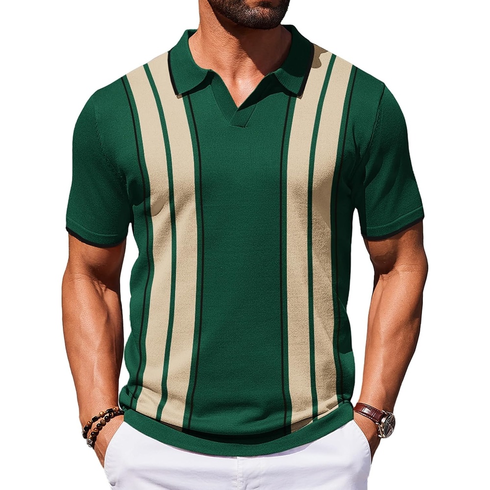 image:imageCOOFANDY Mens Polo Shirts Short Sleeve Casual Knit Polo Shirt Golf T Shirt  Vintage VNeck PoloRetro Contrast CollarSoft Breathable KnitStretch Ribbed HemOld Money StyleVacation OutfitsCasual70SGreen  Black