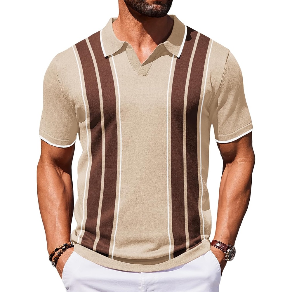 image:imageCOOFANDY Mens Polo Shirts Short Sleeve Casual Knit Polo Shirt Golf T Shirt  Vintage VNeck PoloRetro Contrast CollarSoft Breathable KnitStretch Ribbed HemOld Money StyleVacation OutfitsCasual70SWhite  Brown