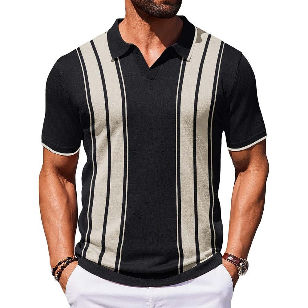 image:imageCOOFANDY Mens Polo Shirts Short Sleeve Casual Knit Polo Shirt Golf T Shirt  Vintage VNeck PoloRetro Contrast CollarSoft Breathable KnitStretch Ribbed HemOld Money StyleVacation OutfitsCasual70SBlack  Beige