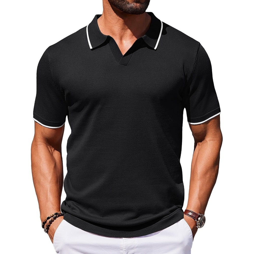 image:imageCOOFANDY Mens Polo Shirts Short Sleeve Casual Knit Polo Shirt Golf T Shirt  Vintage VNeck PoloRetro Contrast CollarSoft Breathable KnitStretch Ribbed HemOld Money StyleVacation OutfitsCasual70SBlack