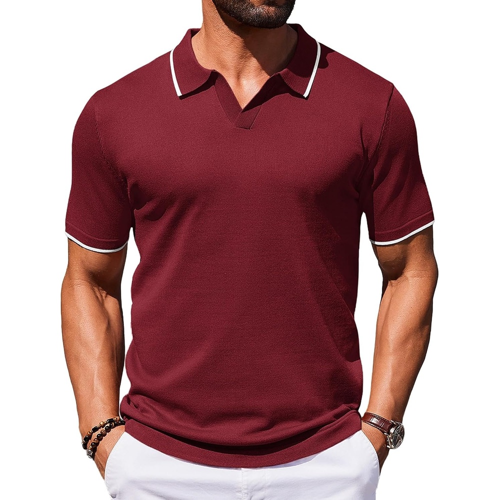 image:imageCOOFANDY Mens Polo Shirts Short Sleeve Casual Knit Polo Shirt Golf T Shirt  Vintage VNeck PoloRetro Contrast CollarSoft Breathable KnitStretch Ribbed HemOld Money StyleVacation OutfitsCasual70SWine Red