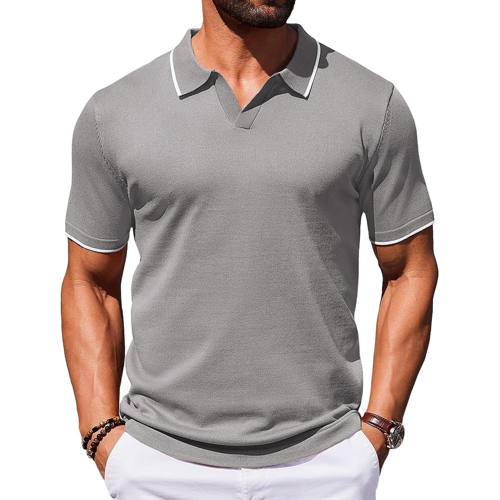 image:imageCOOFANDY Mens Polo Shirts Short Sleeve Casual Knit Polo Shirt Golf T Shirt  Vintage VNeck PoloRetro Contrast CollarSoft Breathable KnitStretch Ribbed HemOld Money StyleVacation OutfitsCasual70SLight Grey