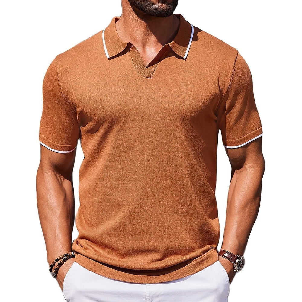 image:imageCOOFANDY Mens Polo Shirts Short Sleeve Casual Knit Polo Shirt Golf T Shirt  Vintage VNeck PoloRetro Contrast CollarSoft Breathable KnitStretch Ribbed HemOld Money StyleVacation OutfitsCasual70SBrown