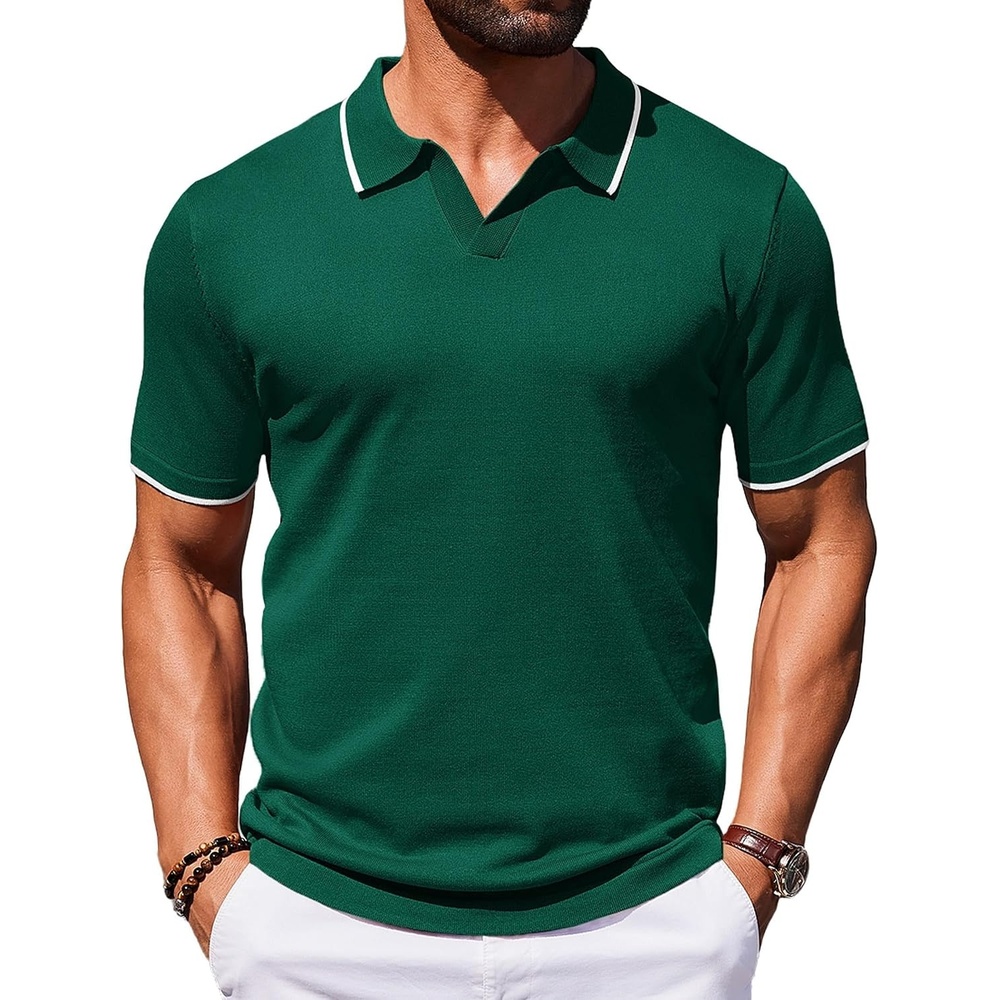 image:imageCOOFANDY Mens Polo Shirts Short Sleeve Casual Knit Polo Shirt Golf T Shirt  Vintage VNeck PoloRetro Contrast CollarSoft Breathable KnitStretch Ribbed HemOld Money StyleVacation OutfitsCasual70SGreen