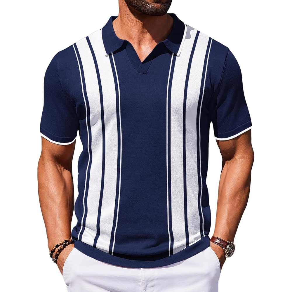 image:imageCOOFANDY Mens Polo Shirts Short Sleeve Casual Knit Polo Shirt Golf T Shirt  Vintage VNeck PoloRetro Contrast CollarSoft Breathable KnitStretch Ribbed HemOld Money StyleVacation OutfitsCasual70SNavy Blue  White