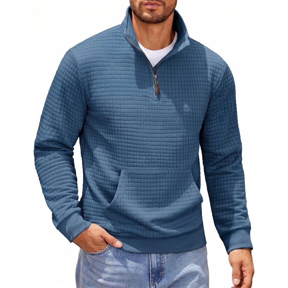 image:imageCOOFANDY Mens Quarter Zip Sweatshirt Long Sleeve Casual Waffle Pullover Hoodies with PocketGrey Blue