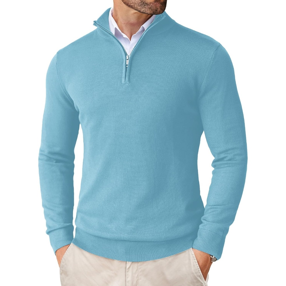 image:imageCOOFANDY Mens Quarter Zip Up Sweaters Slim Fit Lightweight Mock Pullover Casual Polo Sweaters Quarter Zip Pullover Business Winter Fall Relaxed Fit Knit Turtleneck Sweater Metal Zipper PullSky Blue
