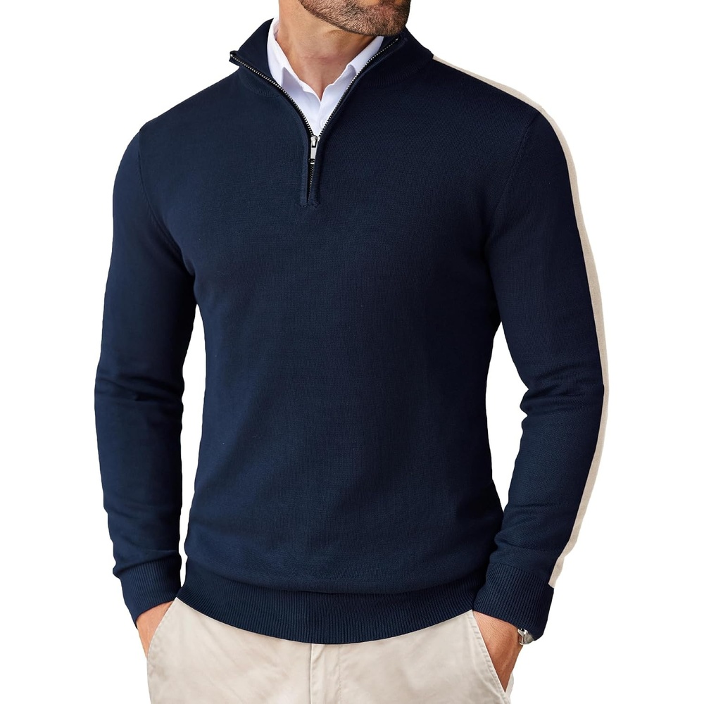 image:imageCOOFANDY Mens Quarter Zip Up Sweaters Slim Fit Lightweight Mock Pullover Casual Polo Sweaters Quarter Zip Pullover Business Winter Fall Relaxed Fit Knit Turtleneck Sweater Metal Zipper PullNavystripekhaki