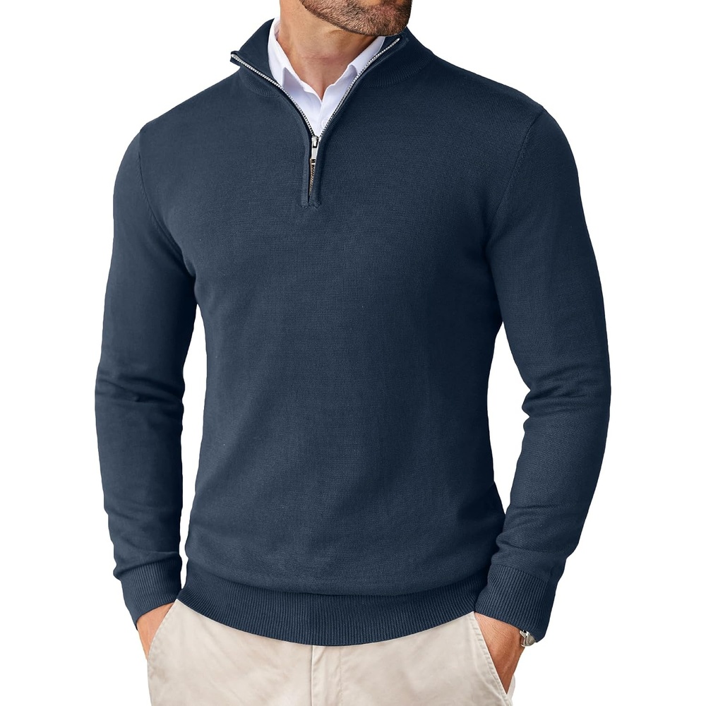 image:imageCOOFANDY Mens Quarter Zip Up Sweaters Slim Fit Lightweight Mock Pullover Casual Polo Sweaters Quarter Zip Pullover Business Winter Fall Relaxed Fit Knit Turtleneck Sweater Metal Zipper PullDenim Blue