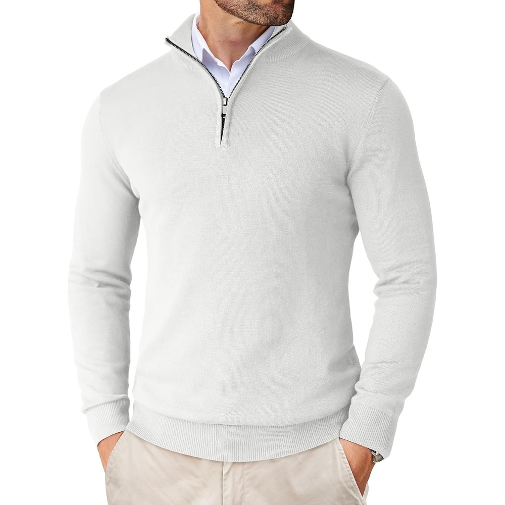 image:imageCOOFANDY Mens Quarter Zip Up Sweaters Slim Fit Lightweight Mock Pullover Casual Polo Sweaters Quarter Zip Pullover Business Winter Fall Relaxed Fit Knit Turtleneck Sweater Metal Zipper PullWhite