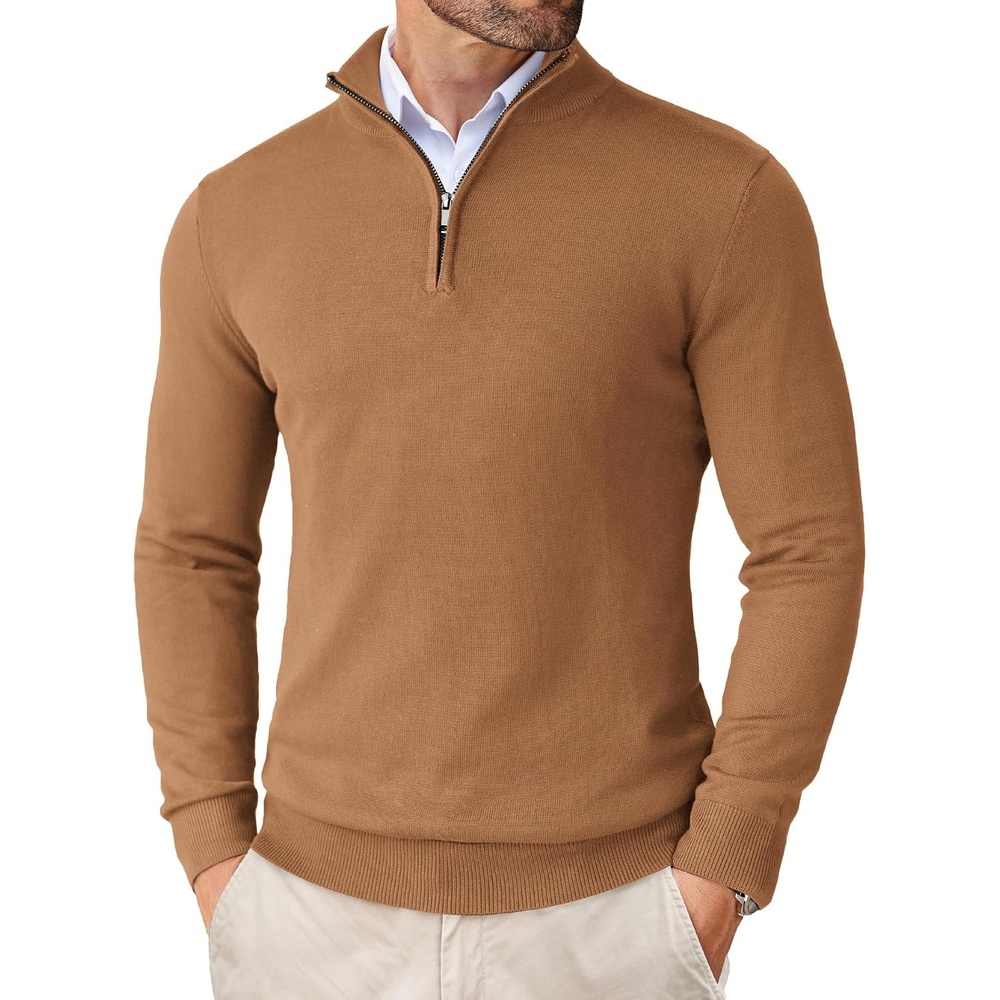 image:imageCOOFANDY Mens Quarter Zip Up Sweaters Slim Fit Lightweight Mock Pullover Casual Polo Sweaters Quarter Zip Pullover Business Winter Fall Relaxed Fit Knit Turtleneck Sweater Metal Zipper PullBrown