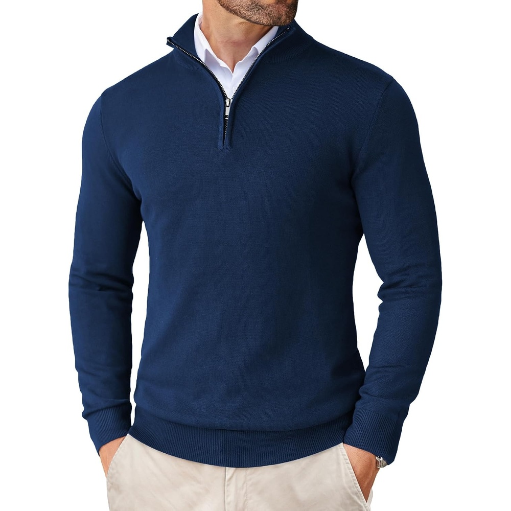 image:imageCOOFANDY Mens Quarter Zip Up Sweaters Slim Fit Lightweight Mock Pullover Casual Polo Sweaters Quarter Zip Pullover Business Winter Fall Relaxed Fit Knit Turtleneck Sweater Metal Zipper PullDeep Blue