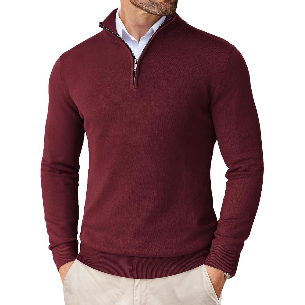 image:imageCOOFANDY Mens Quarter Zip Up Sweaters Slim Fit Lightweight Mock Pullover Casual Polo Sweaters Quarter Zip Pullover Business Winter Fall Relaxed Fit Knit Turtleneck Sweater Metal Zipper PullWine Red