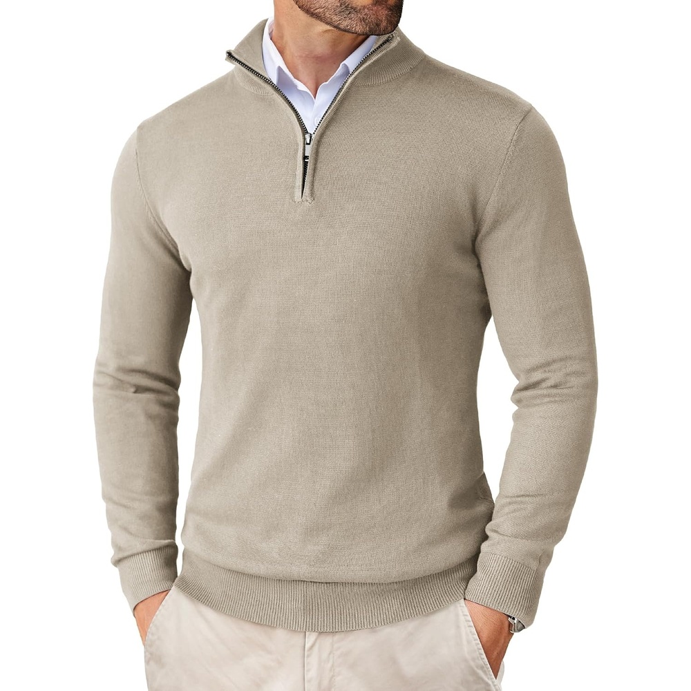 image:imageCOOFANDY Mens Quarter Zip Up Sweaters Slim Fit Lightweight Mock Pullover Casual Polo Sweaters Quarter Zip Pullover Business Winter Fall Relaxed Fit Knit Turtleneck Sweater Metal Zipper PullKhaki