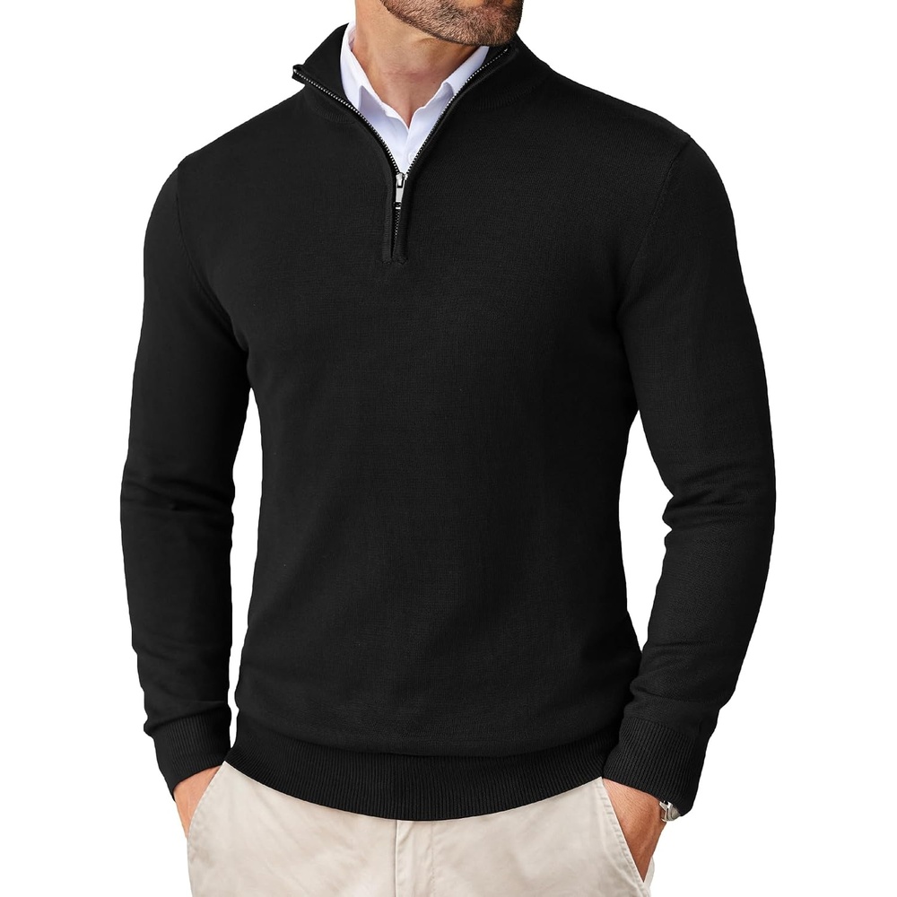 image:imageCOOFANDY Mens Quarter Zip Up Sweaters Slim Fit Lightweight Mock Pullover Casual Polo Sweaters Quarter Zip Pullover Business Winter Fall Relaxed Fit Knit Turtleneck Sweater Metal Zipper PullBlack