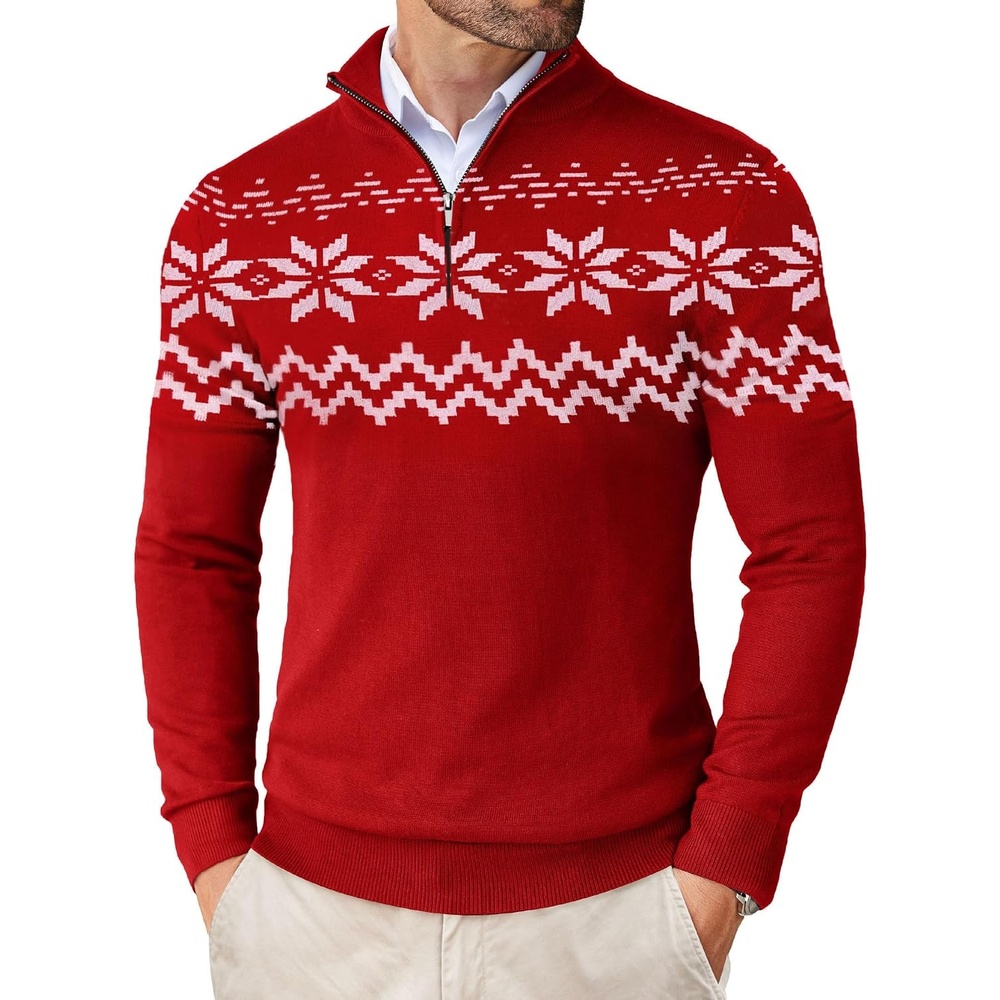image:imageCOOFANDY Mens Quarter Zip Up Sweaters Slim Fit Lightweight Mock Pullover Casual Polo Sweaters Quarter Zip Pullover Business Winter Fall Relaxed Fit Knit Turtleneck Sweater Metal Zipper PullChristmas Red