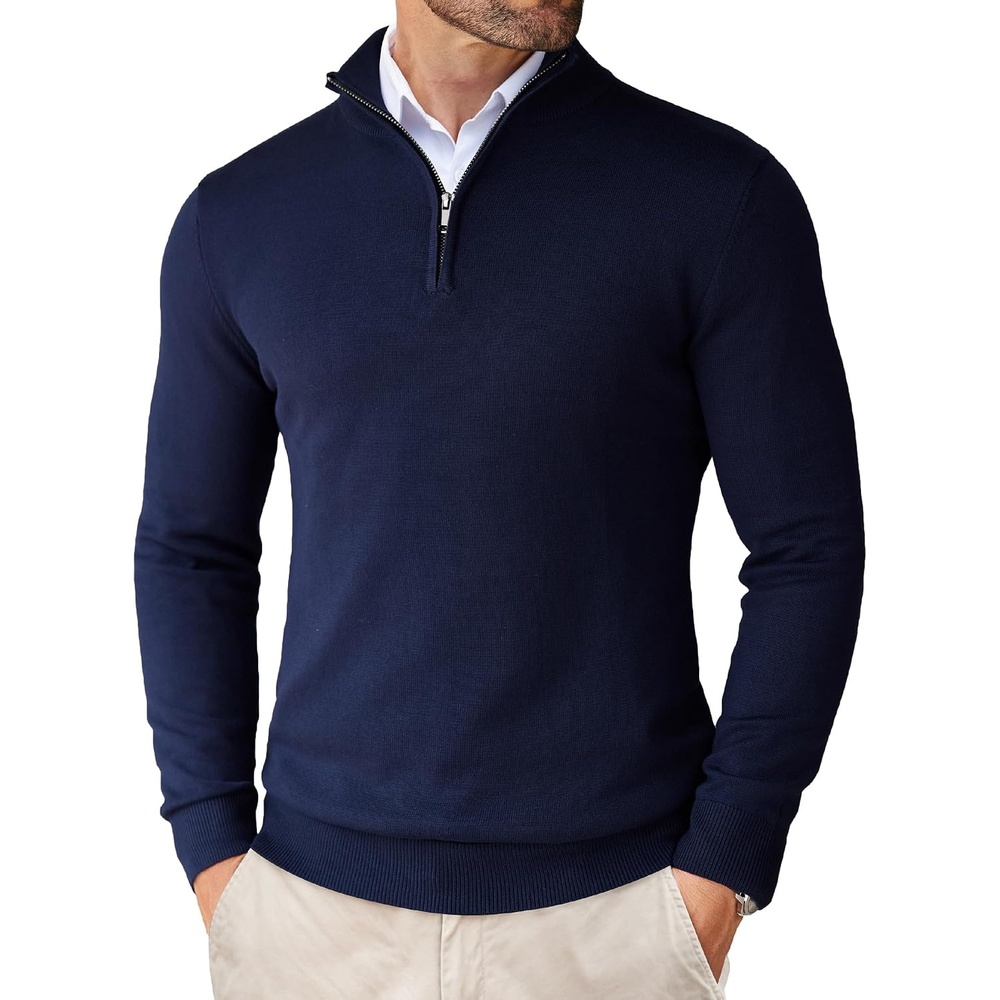 image:imageCOOFANDY Mens Quarter Zip Up Sweaters Slim Fit Lightweight Mock Pullover  Casual Polo Sweaters Quarter Zip Pullover Business Winter Fall Relaxed Fit Knit Turtleneck Sweater Metal Zipper PullNavy Blue