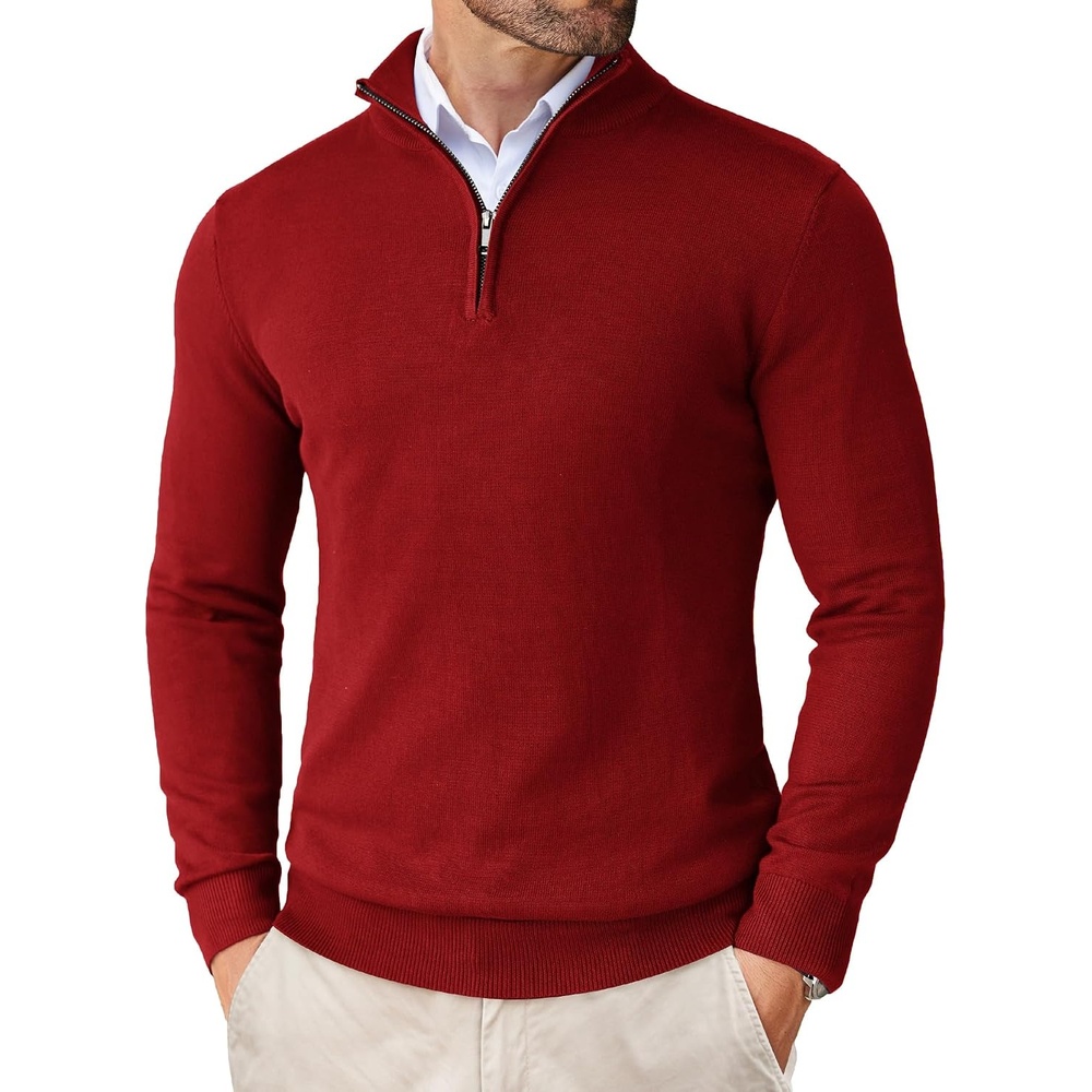 image:imageCOOFANDY Mens Quarter Zip Up Sweaters Slim Fit Lightweight Mock Pullover Casual Polo Sweaters Quarter Zip Pullover Business Winter Fall Relaxed Fit Knit Turtleneck Sweater Metal Zipper PullRed