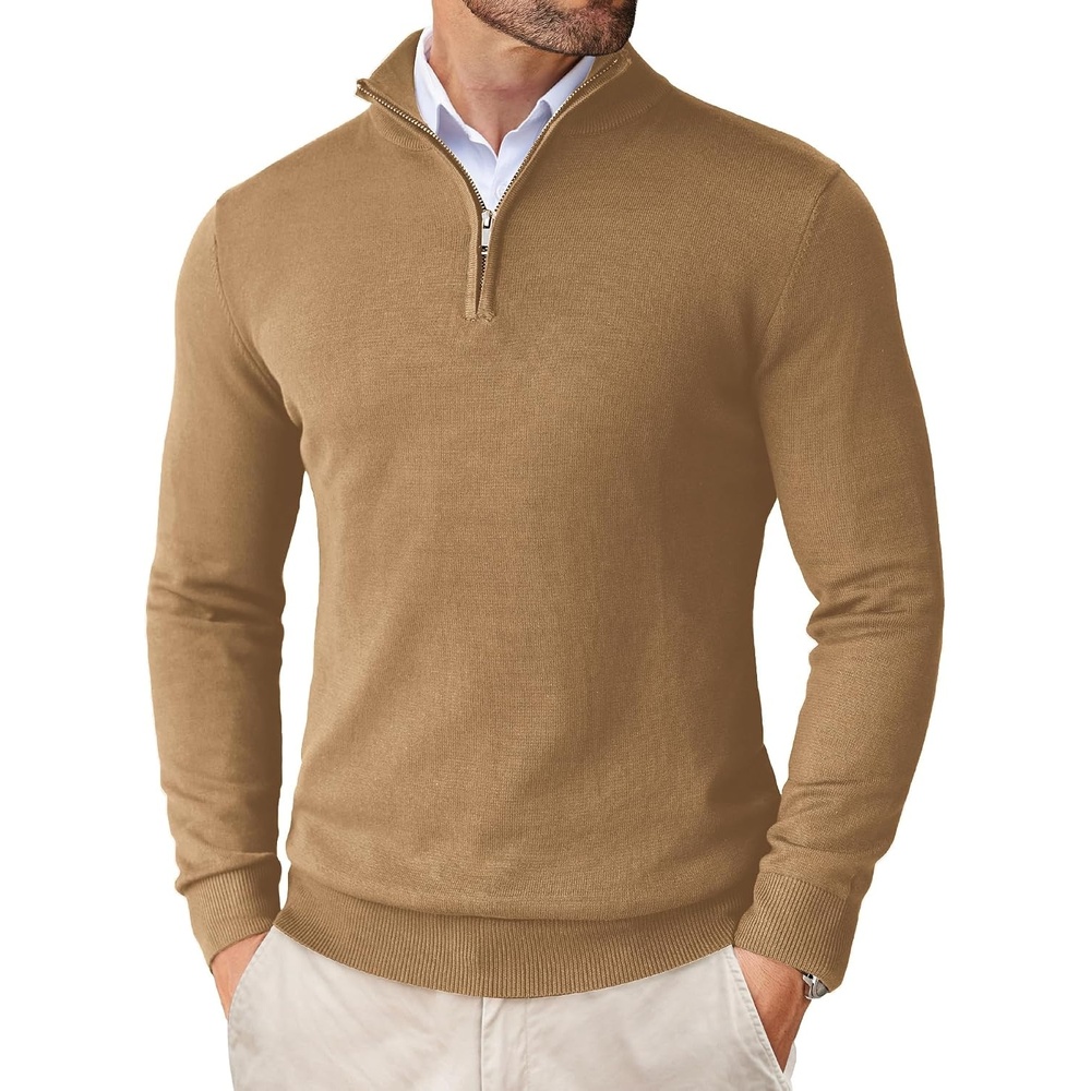 image:imageCOOFANDY Mens Quarter Zip Up Sweaters Slim Fit Lightweight Mock Pullover Casual Polo Sweaters Quarter Zip Pullover Business Winter Fall Relaxed Fit Knit Turtleneck Sweater Metal Zipper PullCamel