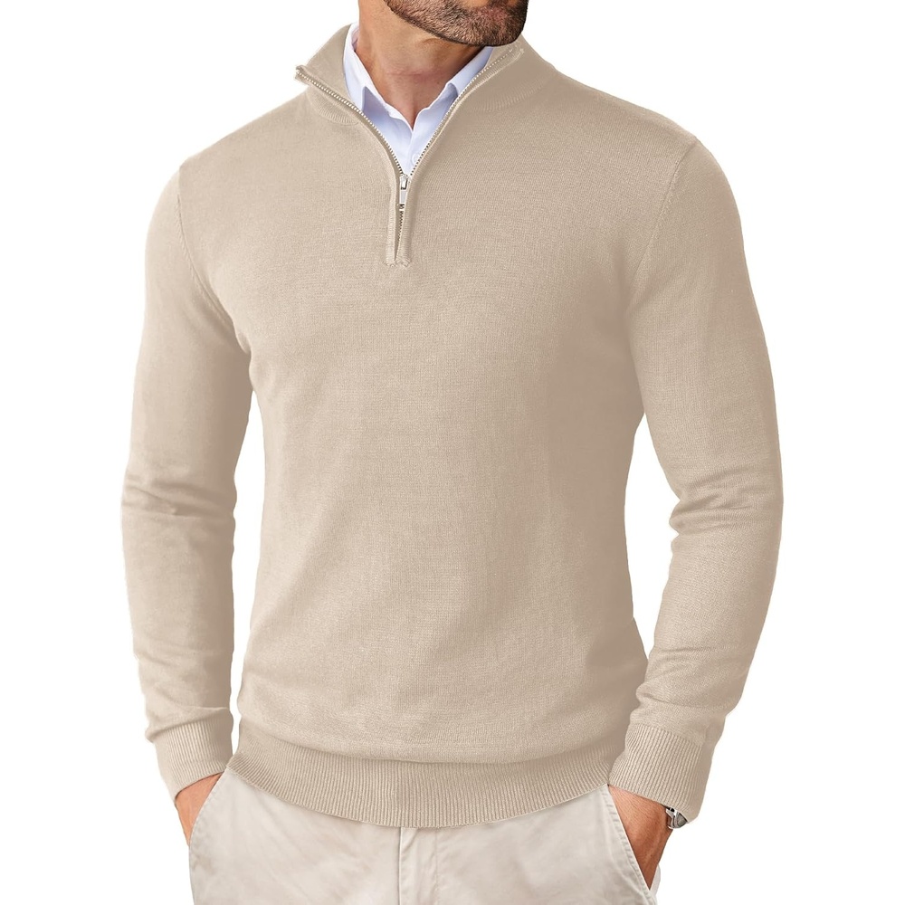 image:imageCOOFANDY Mens Quarter Zip Up Sweaters Slim Fit Lightweight Mock Pullover Casual Polo Sweaters Quarter Zip Pullover Business Winter Fall Relaxed Fit Knit Turtleneck Sweater Metal Zipper PullCream