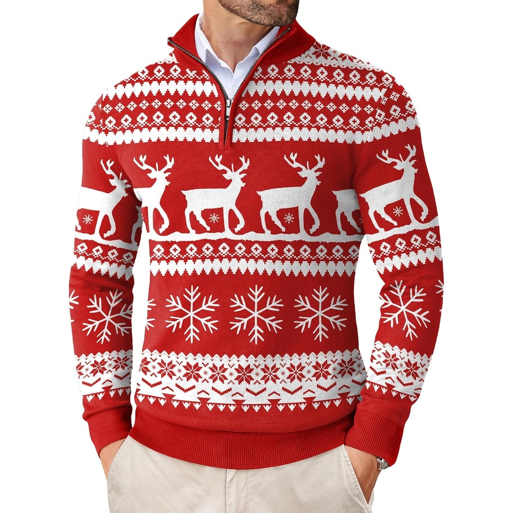 image:imageCOOFANDY Mens Quarter Zip Up Sweaters Slim Fit Lightweight Mock Pullover  Casual Polo Sweaters Quarter Zip Pullover Business Winter Fall Relaxed Fit Knit Turtleneck Sweater Metal Zipper PullChristmas Red  Elk