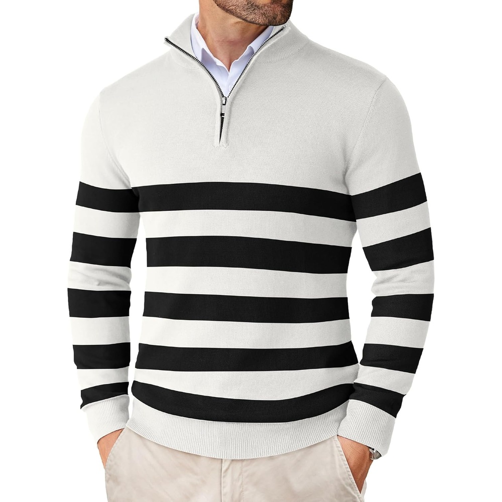 image:imageCOOFANDY Mens Quarter Zip Up Sweaters Slim Fit Lightweight Mock Pullover Casual Polo Sweaters Quarter Zip Pullover Business Winter Fall Relaxed Fit Knit Turtleneck Sweater Metal Zipper PullBlack White Stripe