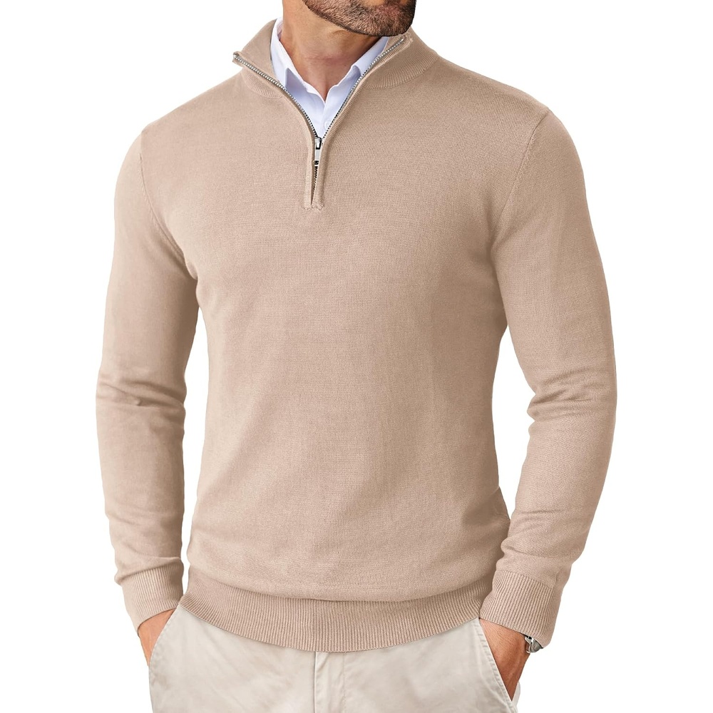 image:imageCOOFANDY Mens Quarter Zip Up Sweaters Slim Fit Lightweight Mock Pullover Casual Polo Sweaters Quarter Zip Pullover Business Winter Fall Relaxed Fit Knit Turtleneck Sweater Metal Zipper PullChampagne