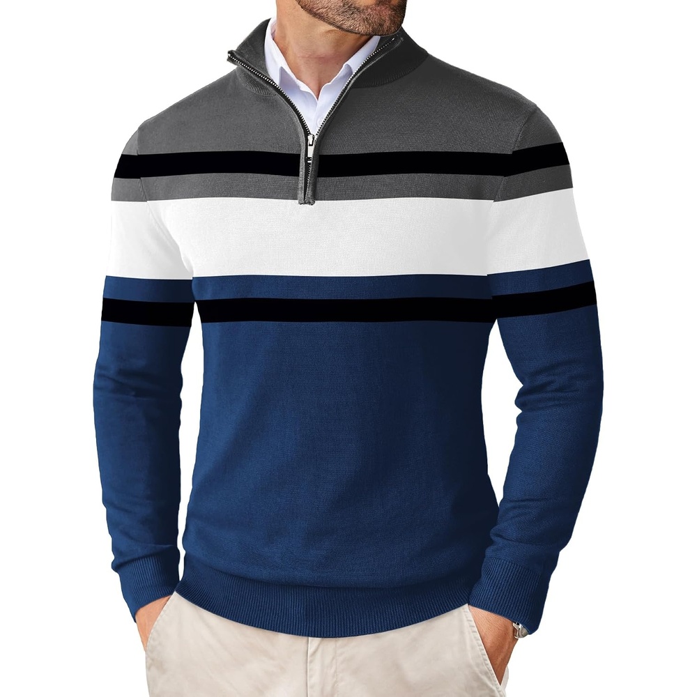 image:imageCOOFANDY Mens Quarter Zip Up Sweaters Slim Fit Lightweight Mock Pullover Casual Polo Sweaters Quarter Zip Pullover Business Winter Fall Relaxed Fit Knit Turtleneck Sweater Metal Zipper PullDark Blue White Stripe