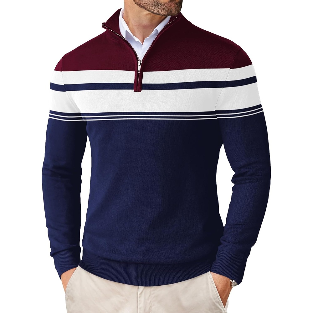 image:imageCOOFANDY Mens Quarter Zip Up Sweaters Slim Fit Lightweight Mock Pullover Casual Polo Sweaters Quarter Zip Pullover Business Winter Fall Relaxed Fit Knit Turtleneck Sweater Metal Zipper PullWine Red Navy Blue Stripe