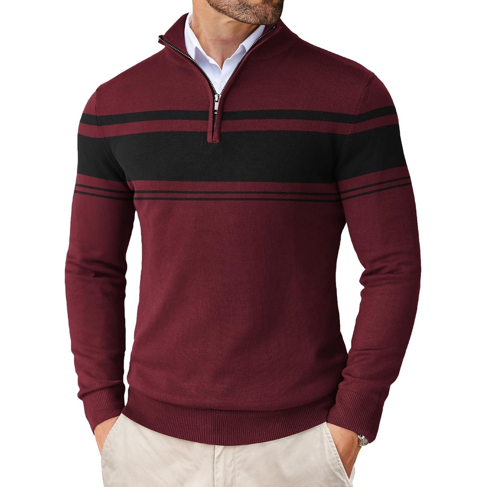 image:imageCOOFANDY Mens Quarter Zip Up Sweaters Slim Fit Lightweight Mock Pullover  Casual Polo Sweaters Quarter Zip Pullover Business Winter Fall Relaxed Fit Knit Turtleneck Sweater Metal Zipper PullRed  Black Stripe
