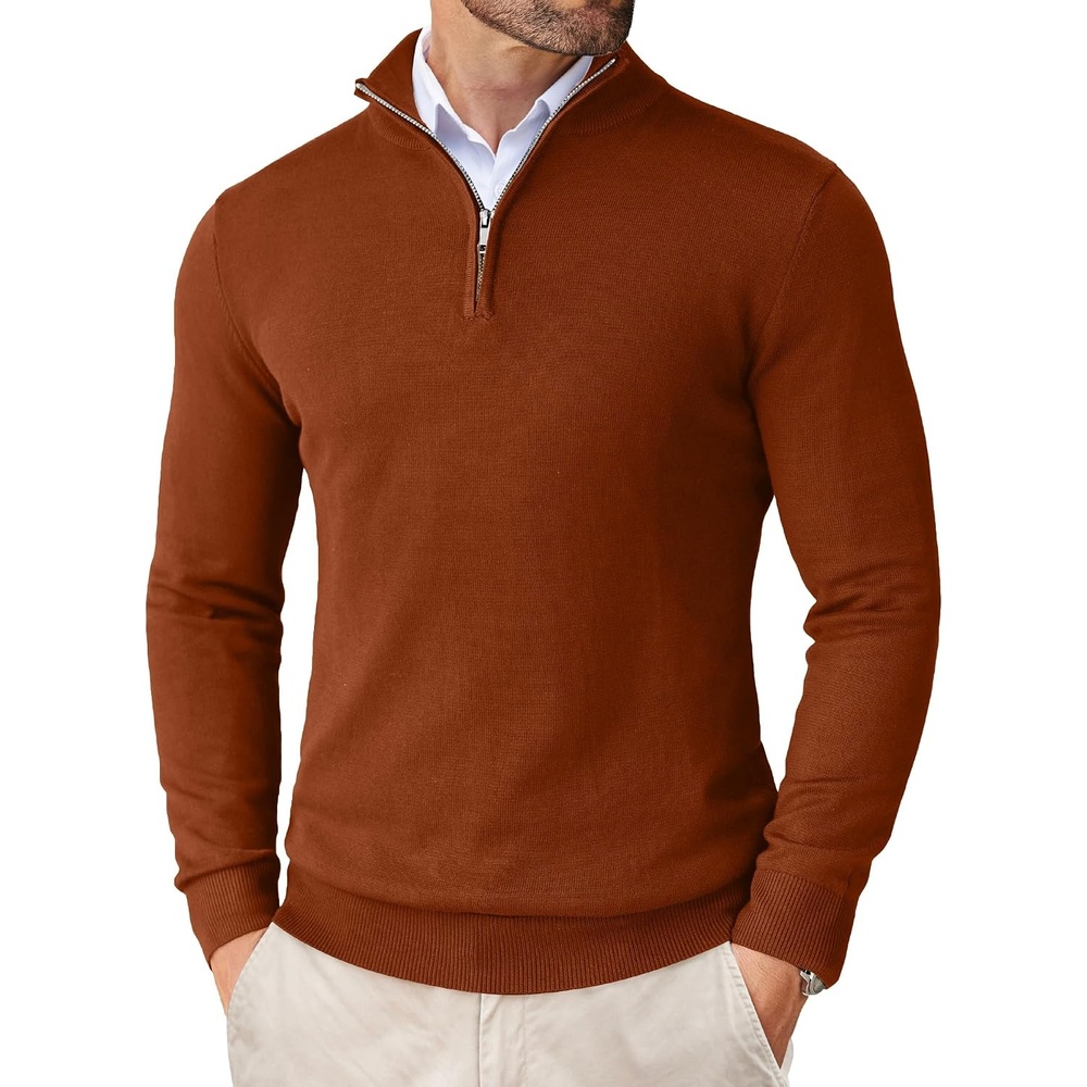 image:imageCOOFANDY Mens Quarter Zip Up Sweaters Slim Fit Lightweight Mock Pullover  Casual Polo Sweaters Quarter Zip Pullover Business Winter Fall Relaxed Fit Knit Turtleneck Sweater Metal Zipper PullCaramel