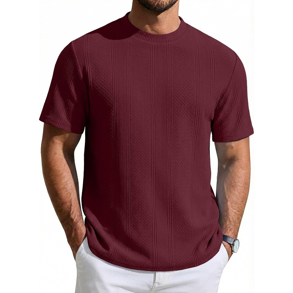 image:imageCOOFANDY Mens T Shirts Short Sleeve Casual Crewneck Pullover Tees Textured Shirts Classic Knit Summer Top Bassic Loose Tee Soft Breathable Fashion Daily Work VacationWine Red