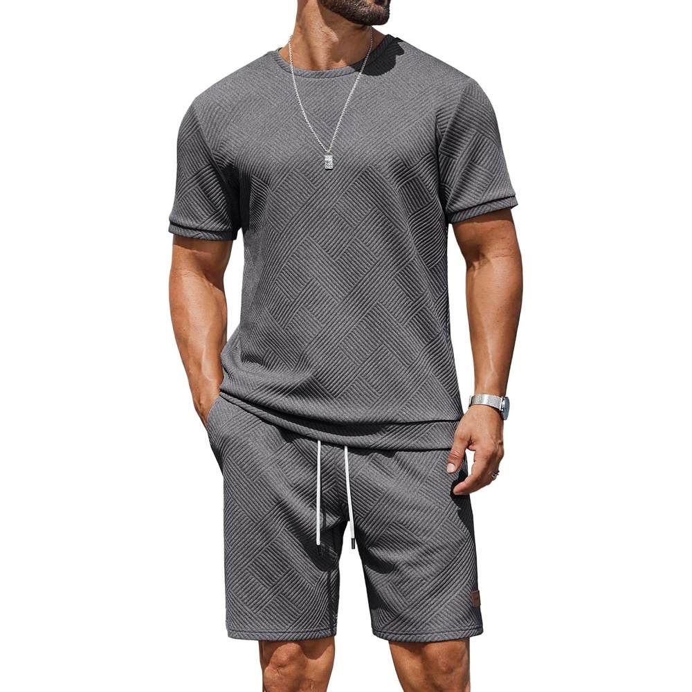 image:imageCOOFANDY Mens TwoPiece Set WrinkleResistant Stretch ShortSleeve TShirt and Shorts Summer Casual Textured OutfitsDark Grey