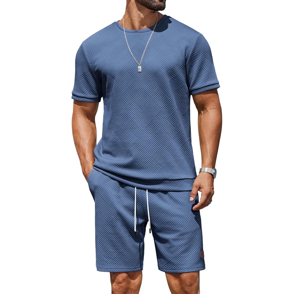 image:imageCOOFANDY Mens TwoPiece Set WrinkleResistant Stretch ShortSleeve TShirt and Shorts Summer Casual Textured OutfitsGrey Blue