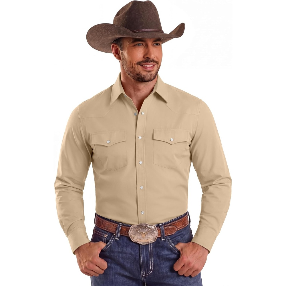 image:imageCOOFANDY Mens Western Cowboy Shirts Casual Button Down Shirt Long Sleeve  Lightweight2 Pocket with Pen HoldSuit for Country WeddingCowboyThemed PartyCostume BallMusic Festivaldinneror workKhaki