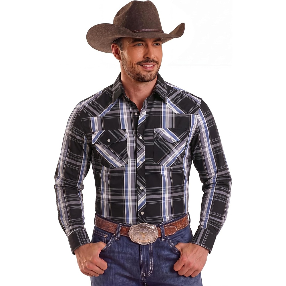 image:imageCOOFANDY Mens Western Cowboy Shirts Casual Button Down Shirt Long Sleeve  Lightweight2 Pocket with Pen HoldSuit for Country WeddingCowboyThemed PartyCostume BallMusic Festivaldinneror workDark Blue Plaid