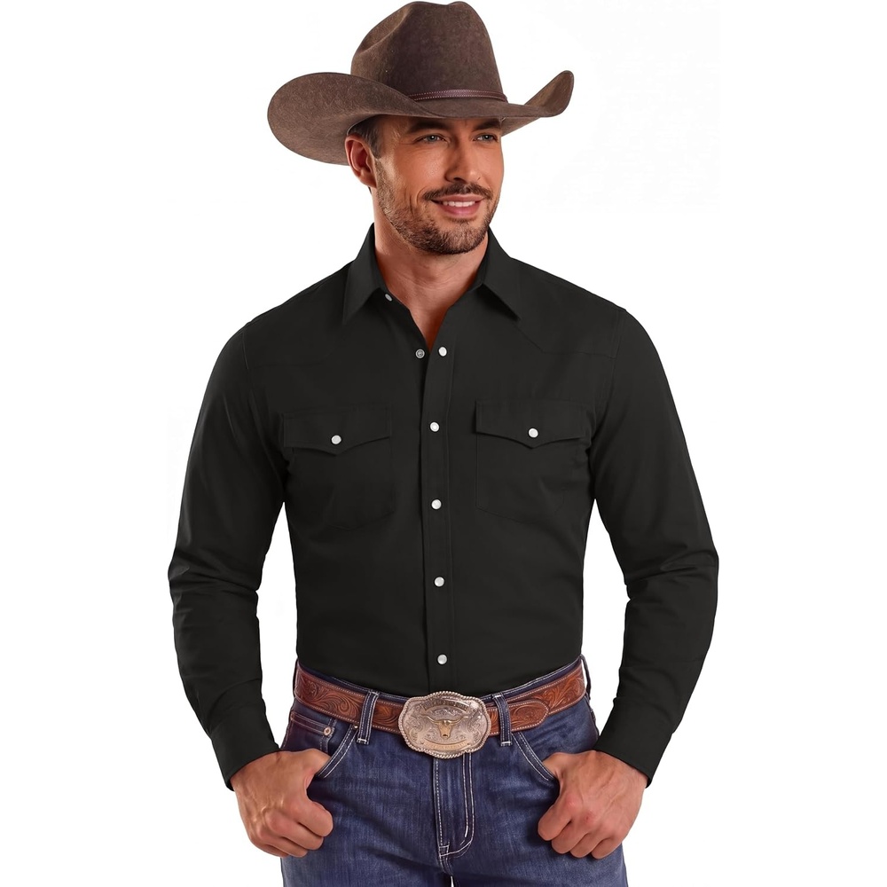 image:imageCOOFANDY Mens Western Cowboy Shirts Casual Button Down Shirt Long Sleeve  Lightweight2 Pocket with Pen HoldSuit for Country WeddingCowboyThemed PartyCostume BallMusic Festivaldinneror workBlack