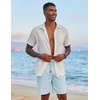 COOFANDY Men Linen Beach Shorts Casual Drawstring Summer Vacation Shorts | Elastic Waist, Lightweight Stretch Short, 9 Inch Inseam, Slim Fit, Holiday Vacation Shorts, Flat Front Short, Hawaiian Style(Light Blue)