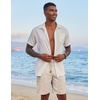 COOFANDY Men Linen Beach Shorts Casual Drawstring Summer Vacation Shorts | Elastic Waist, Lightweight Stretch Short, 9 Inch Inseam, Slim Fit, Holiday Vacation Shorts, Flat Front Short, Hawaiian Style(Khaki)