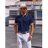 COOFANDY Mens Polo Shirts Short Sleeve Casual Knit Polo Shirt Golf T Shirt | Vintage V-Neck Polo,Retro Contrast Collar,Soft Breathable Knit,Stretch Ribbed Hem,Old Money Style,Vacation Outfits,Casual,70S(Navy Blue)