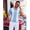 COOFANDY Mens Polo Shirts Short Sleeve Casual Knit Polo Shirt Golf T Shirt | Vintage V-Neck Polo,Retro Contrast Collar,Soft Breathable Knit,Stretch Ribbed Hem,Old Money Style,Vacation Outfits,Casual,70S(Light Blue & White)