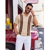 COOFANDY Mens Polo Shirts Short Sleeve Casual Knit Polo Shirt Golf T Shirt | Vintage V-Neck Polo,Retro Contrast Collar,Soft Breathable Knit,Stretch Ribbed Hem,Old Money Style,Vacation Outfits,Casual,70S(White & Brown)