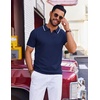 COOFANDY Mens Polo Shirts Short Sleeve Casual Knit Polo Shirt Golf T Shirt | Vintage V-Neck Polo,Retro Contrast Collar,Soft Breathable Knit,Stretch Ribbed Hem,Old Money Style,Vacation Outfits,Casual,70S(Navy Blue)