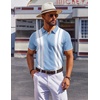 COOFANDY Mens Polo Shirts Short Sleeve Casual Knit Polo Shirt Golf T Shirt | Vintage V-Neck Polo,Retro Contrast Collar,Soft Breathable Knit,Stretch Ribbed Hem,Old Money Style,Vacation Outfits,Casual,70S(Light Blue & White)