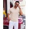 COOFANDY Mens Polo Shirts Short Sleeve Casual Knit Polo Shirt Golf T Shirt | Vintage V-Neck Polo,Retro Contrast Collar,Soft Breathable Knit,Stretch Ribbed Hem,Old Money Style,Vacation Outfits,Casual,70S(Khaki)