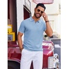 COOFANDY Mens Polo Shirts Short Sleeve Casual Knit Polo Shirt Golf T Shirt | Vintage V-Neck Polo,Retro Contrast Collar,Soft Breathable Knit,Stretch Ribbed Hem,Old Money Style,Vacation Outfits,Casual,70S(Blue)