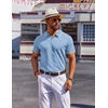 COOFANDY Mens Polo Shirts Short Sleeve Casual Knit Polo Shirt Golf T Shirt | Vintage V-Neck Polo,Retro Contrast Collar,Soft Breathable Knit,Stretch Ribbed Hem,Old Money Style,Vacation Outfits,Casual,70S(Blue)