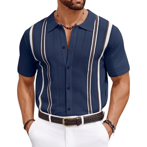 COOFANDY Knit Shirts for Men Casual Short Sleeve Button Down Shirts Summer Beach Stretch Fit Collared Shirts(Navy)