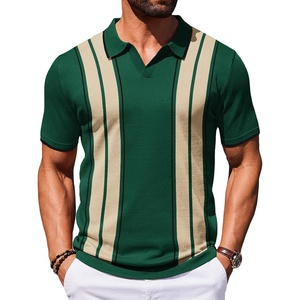 COOFANDY Mens Polo Shirts Short Sleeve Casual Knit Polo Shirt Golf T Shirt | Vintage V-Neck Polo,Retro Contrast Collar,Soft Breathable Knit,Stretch Ribbed Hem,Old Money Style,Vacation Outfits,Casual,70S(Green & Black)